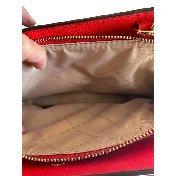 Michael Kors Signature Monogram Dome Satchel Crossbody Bag Red Leather Trim - Picture 5 of 8